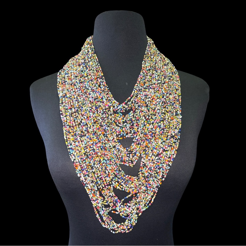 Boho Multistrand Seed Bead Statement Necklace – Layered Bib Style – New